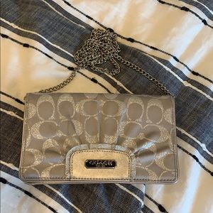 Silver Coach embroidered crossbody w chain strap